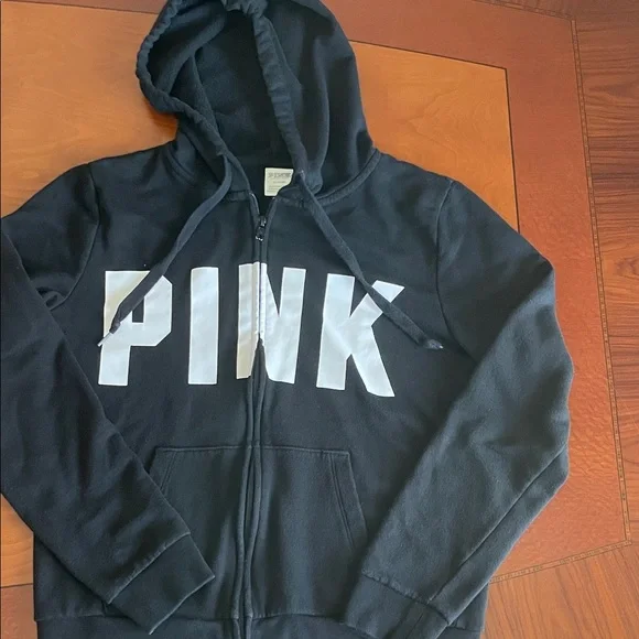 PINK Victoria's Secret Black Zip Front Hoodie with White Logo - Picture 5 of 12